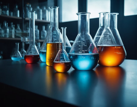 Laboratory glassware with colored liquid, science research and development conceptの素材