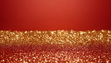 Red and gold glitter background with bokeh defocused lights.の素材
