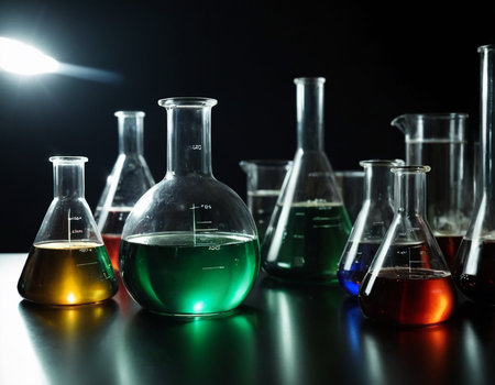 Laboratory glassware with colorful liquid on black background, science research and development conceptの素材