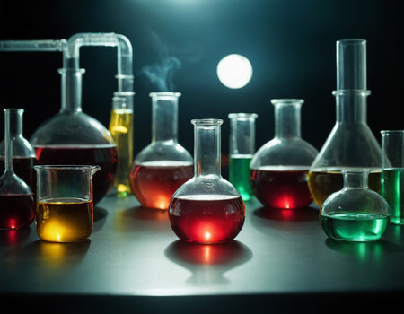 Laboratory glassware with colorful liquid on dark background. Science research and development concept.の素材