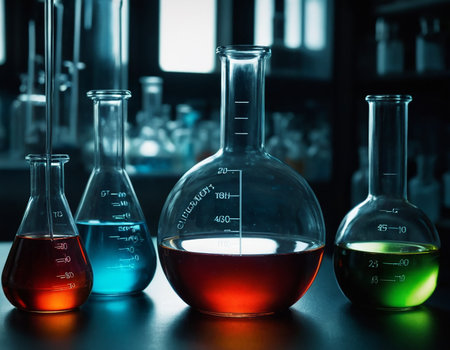 Laboratory glassware with colorful liquid, science research and development conceptの素材