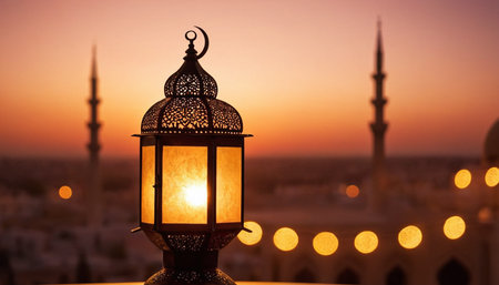 Lantern on the background of the mosque at sunset. Ramadan Kareem.の素材