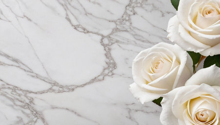 White roses on white marble background. Top view with copy space.の素材