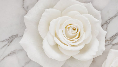 White rose on white marble background with copy space, top view.の素材