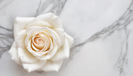 White rose on white marble background with copy space for your text.の素材