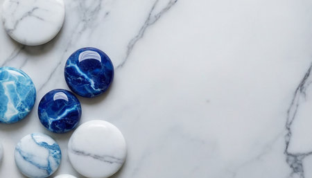 top view of blue marble stones on white marble surface with copy spaceの素材