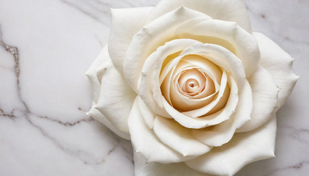 White rose on white marble background, top view, copy space.の素材