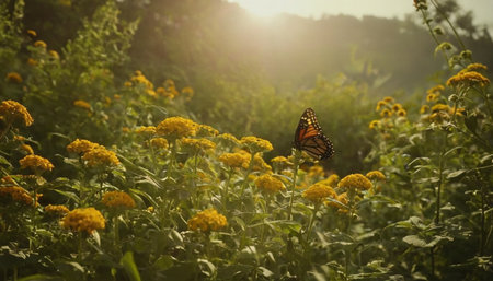 Butterfly on yellow flower in the meadow at sunset.の素材