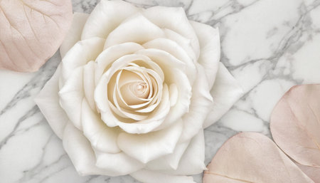 Beautiful white rose on white marble background. Flat lay, top view.の素材
