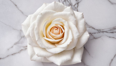 Beautiful white rose on white marble background, top view, copy spaceの素材