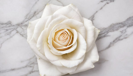 Beautiful white rose on white marble background. Flat lay, top view.の素材