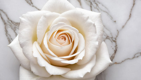 White rose on white marble background, top view, copy space.の素材