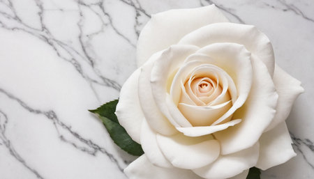 White rose on white marble background, top view, copy space.の素材