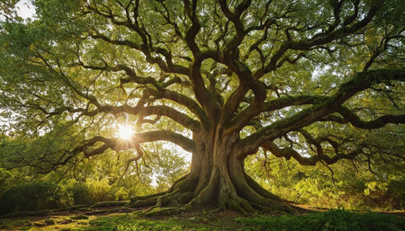 Big old oak tree in the forest with sun rays in the backgroundの素材