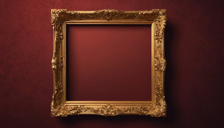 Gold picture frame on a red wall. 3d rendering illustration.の素材