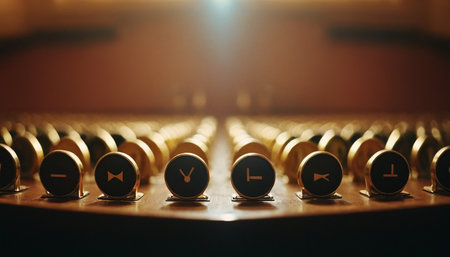 Row of clock in church. Time management concept. Selective focusの素材