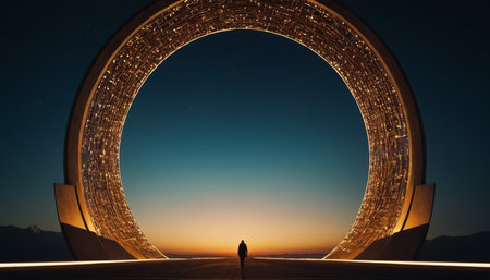 Man in front of a futuristic tunnel of light at night. 3d renderingの素材