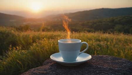 Coffee cup on the mountain with sunrise background. Vintage tone.の素材
