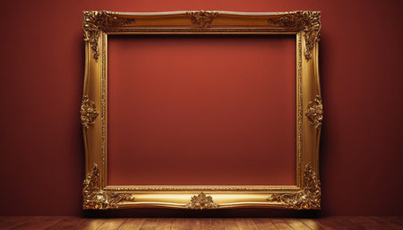 Golden picture frame on red wall background. 3D Rendering.の素材