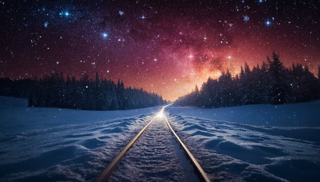 Railway tracks in winter forest with starry sky and milky wayの素材