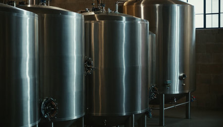 Stainless steel tanks for beer fermentation in a modern brewery.の素材