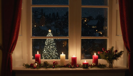 Christmas decoration with burning candles and fir branches on window sill in eveningの素材