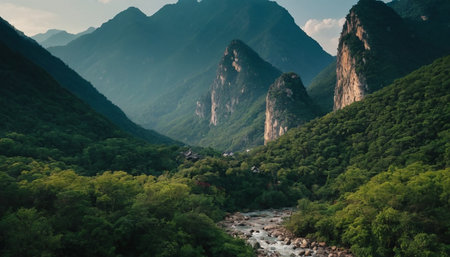 Mountain landscape with a river flowing through the gorge in China.の素材