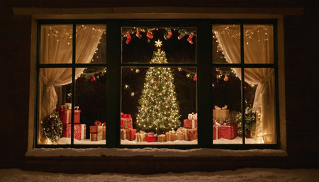 Christmas tree and gifts in front of a window with a garlandの素材