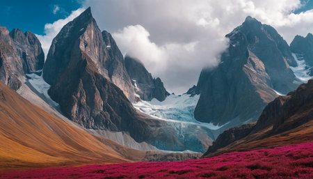 Mountain landscape with pink flowers and snow-capped peaks in the cloudsの素材