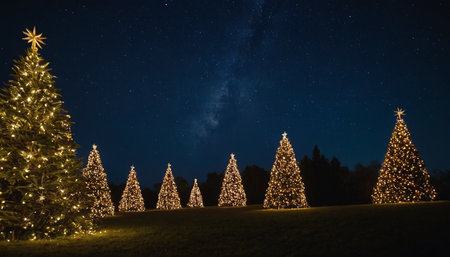 Christmas tree and starry night sky with milky way in the backgroundの素材