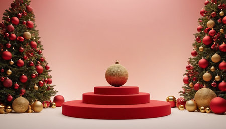 3d render of red podium with christmas tree and baublesの素材