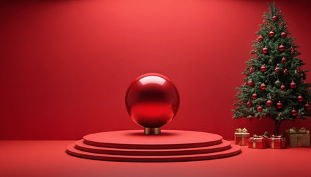 Christmas podium with bauble and gift boxes on red background. 3D renderingの素材