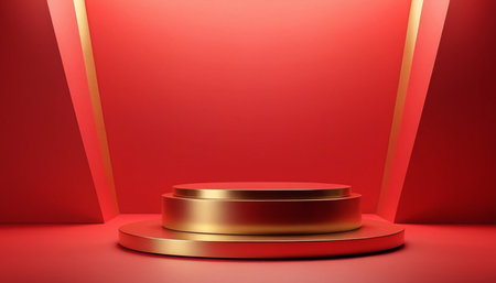 3d rendering of golden podium on red background. Luxury pedestal for product presentation.の素材