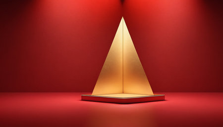 3d rendering of a golden pedestal on a red background.の素材