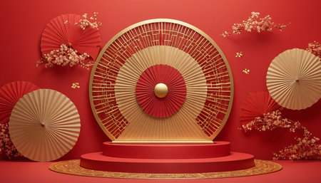 3d render of Chinese New Year background with red podium and golden fanの素材