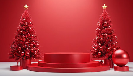 Podium and Christmas tree on a red background. 3d renderingの素材