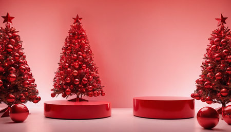 Christmas background with red christmas tree and gift boxes on pink backgroundの素材
