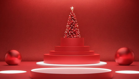 3d render of red podium with christmas tree in the middleの素材