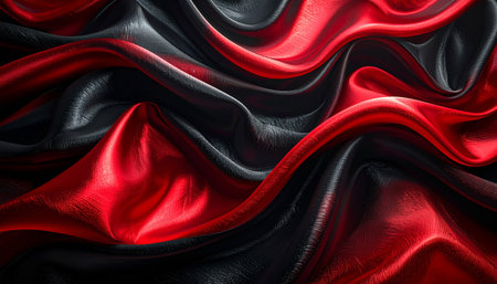 Closeup of rippled red and black satin silk fabricの素材