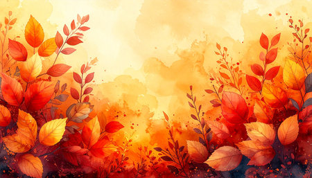 Autumn watercolor background with falling leaves. Vector paper illustration.の素材