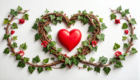 Red heart in a wreath of ivy on a white backgroundの素材