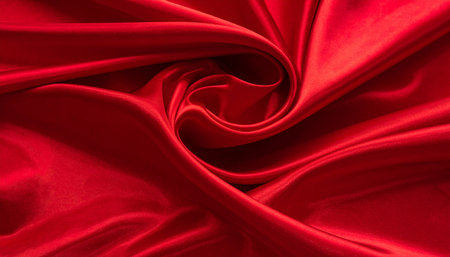 Red satin or silk luxury cloth texture can use as abstract background. Top view.の素材