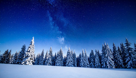 Fantastic winter landscape with snow covered trees and starry skyの素材