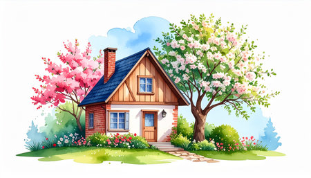 Beautiful spring landscape with blooming tree and house. Vector illustration.の素材