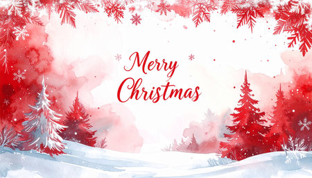 Christmas greeting card. Winter landscape with fir trees and snowflakes.の素材