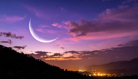 Moon and stars in the night sky at Phu Kradueng National Park, Loei, Thailandの素材