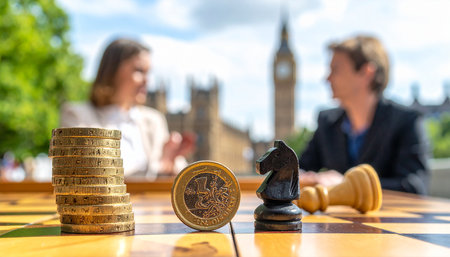 Chess on a chessboard in front of the Palace of Westminster.の素材