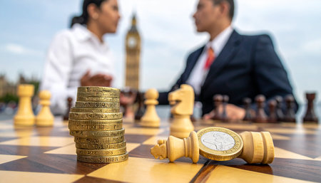Businessman and businesswoman playing chess in front of Big Ben, London, UKの素材