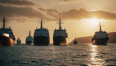 Cargo ships in the sea at sunset. Toned image.の素材