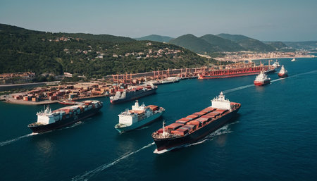 Aerial view of cargo ships in the port of Budva, Montenegro.の素材